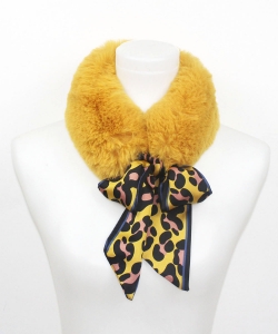 Faux Fur Warm Scarf with Leopard Ribbon SF320009 YELLOW